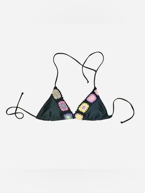 Black Bikini Top with Multicolored Crochet Granny Square Trim - Size Large